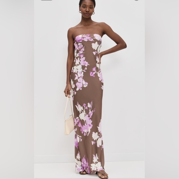 NWT Rococo Sand Stunning Satin Floral Strapless Maxi Dress Brown Pink FLAW Sz XS - Picture 12 of 16